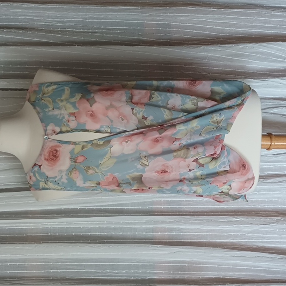Jella C Sheer Crossover Draped Blouse Blue Floral Pink Rose Tunic Top Sz Large